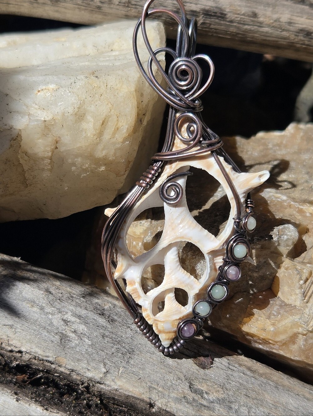 Seashell W/ Amethyst & Amazonite Copper Pendant